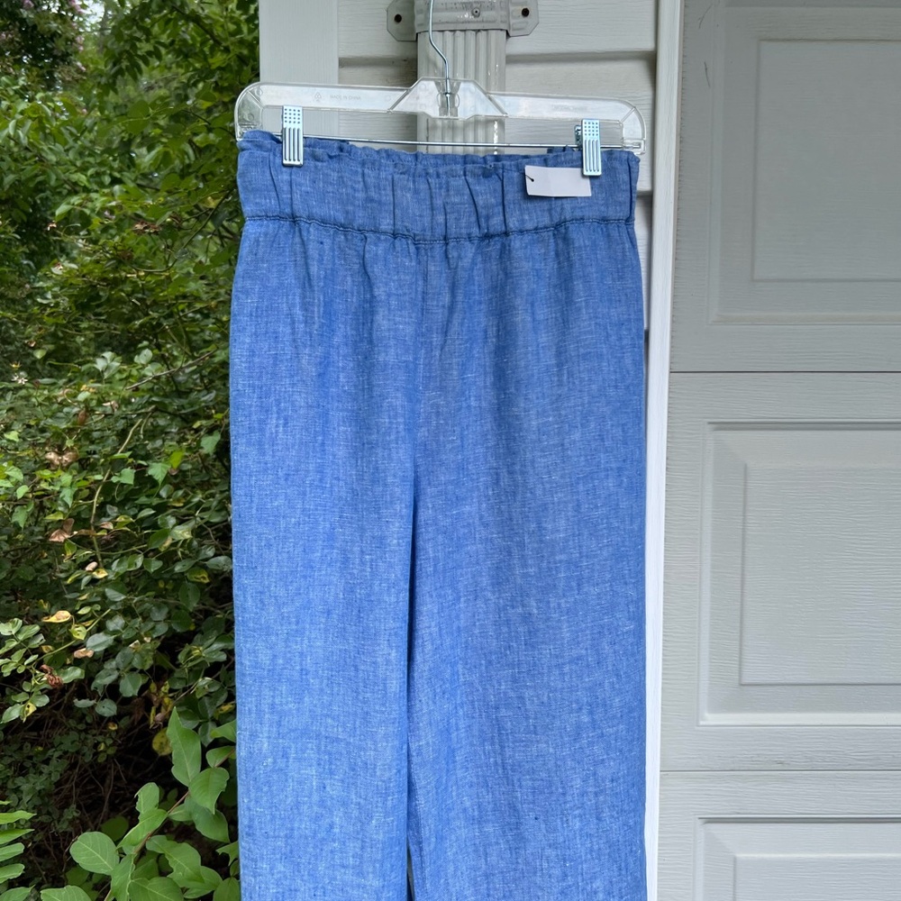 NWT Talbots Warm Weather Workhorse! Blue Linen Elastic Waist Pants Side Pockets - Picture 2 of 5